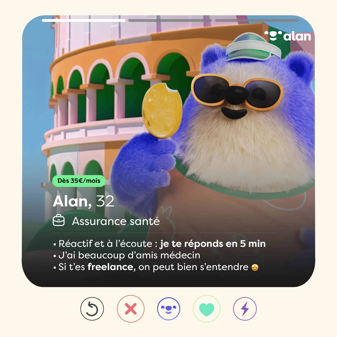 Déclinaison de la créa Tinder d’Alan, axe problème/solution
