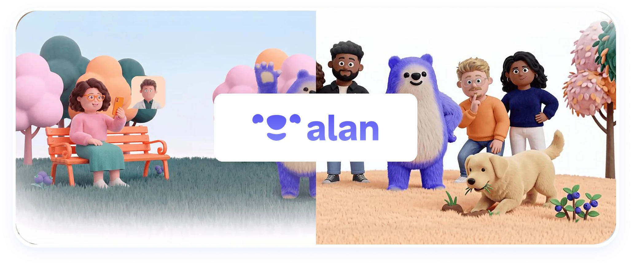 Alan, l’assurance santé : illustrations de la marque avec l’ours Alan et des adhérents