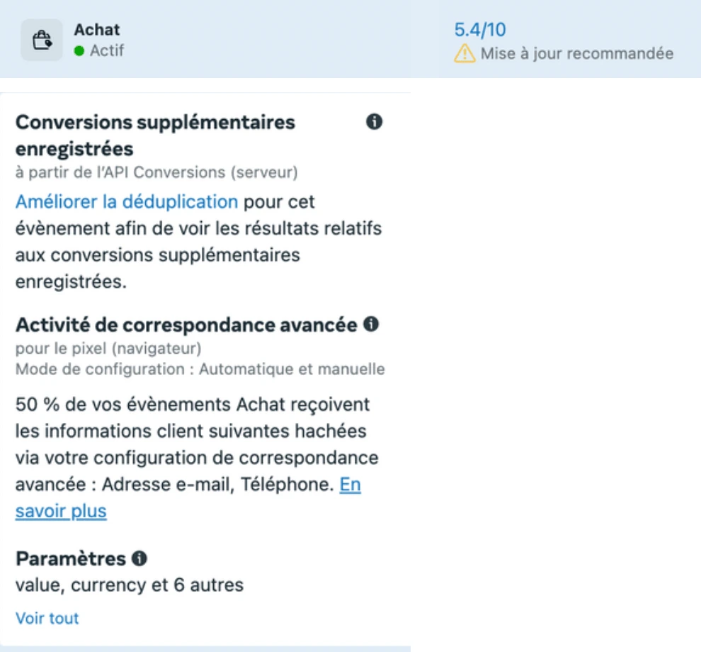 Gestionnaire d’événements Meta avant l’intervention : événement Achat noté 5,4 sur 10, déduplication à améliorer